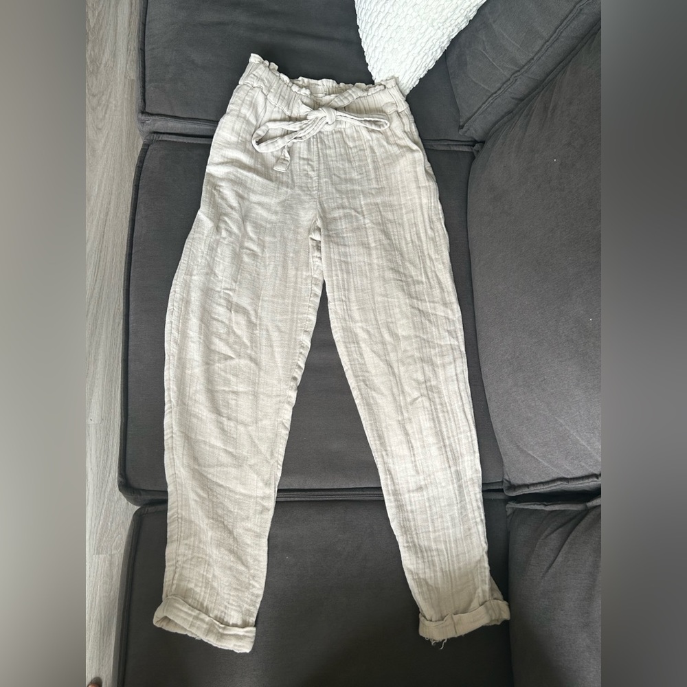 Tan Linen Paperbag Pants - Picture 2 of 4